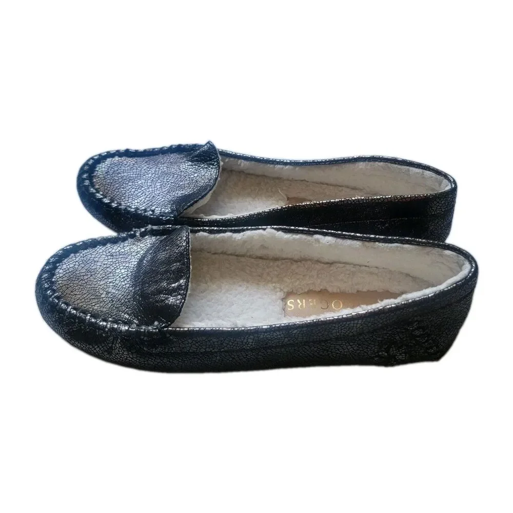 Jack rogers Millie sherpa lined leather moccasins sz 7.5 dark gry metallic